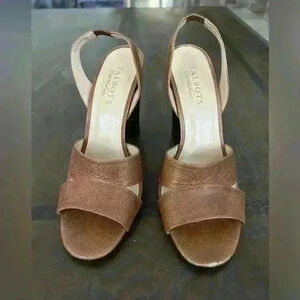 Talbots ,Saddle Brown, Pebble Leather, Open Toe Pumps, Wood 4" Heels, size 7.5